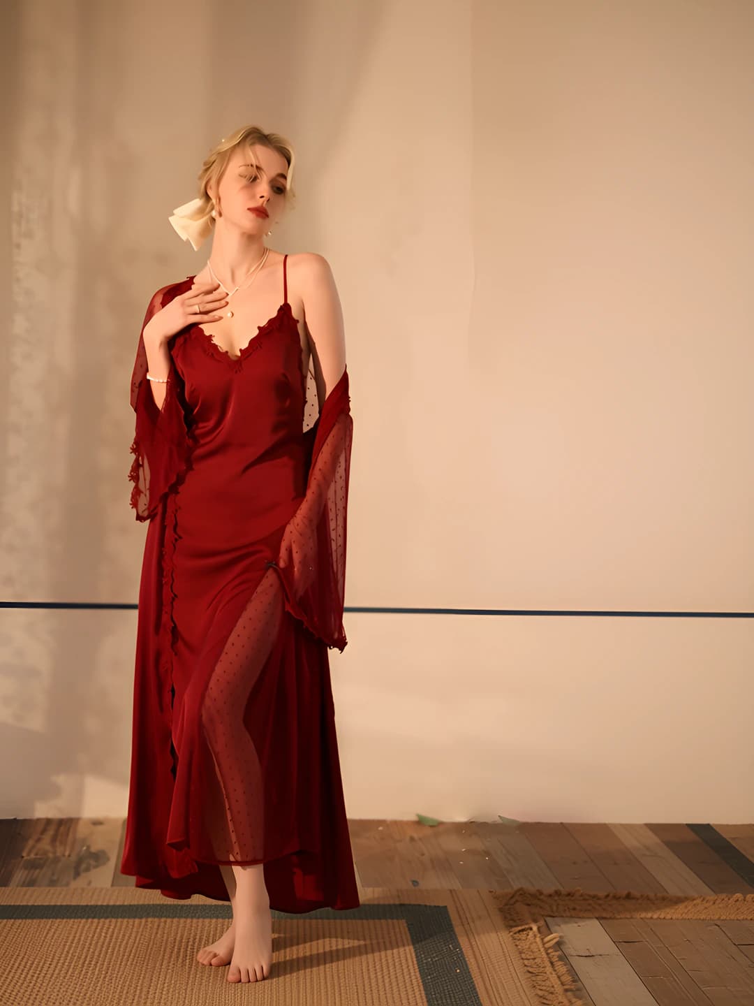 Women's ice-silk nightgown and robe set, long sleeve, V-neck, long, breathable, loungewear