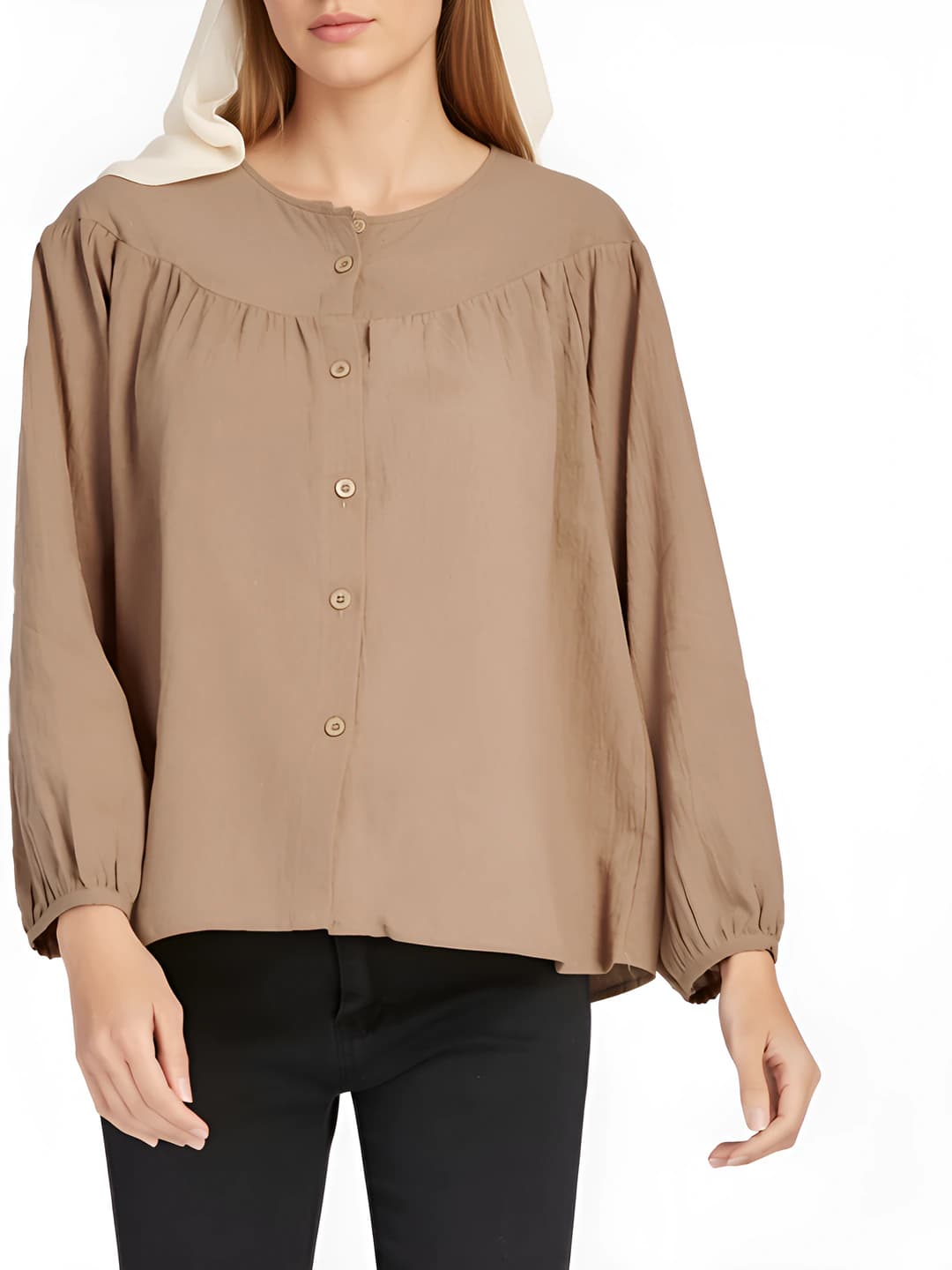 Women's casual loose fit long sleeve thin solid colour crew neck cotton linen blouse