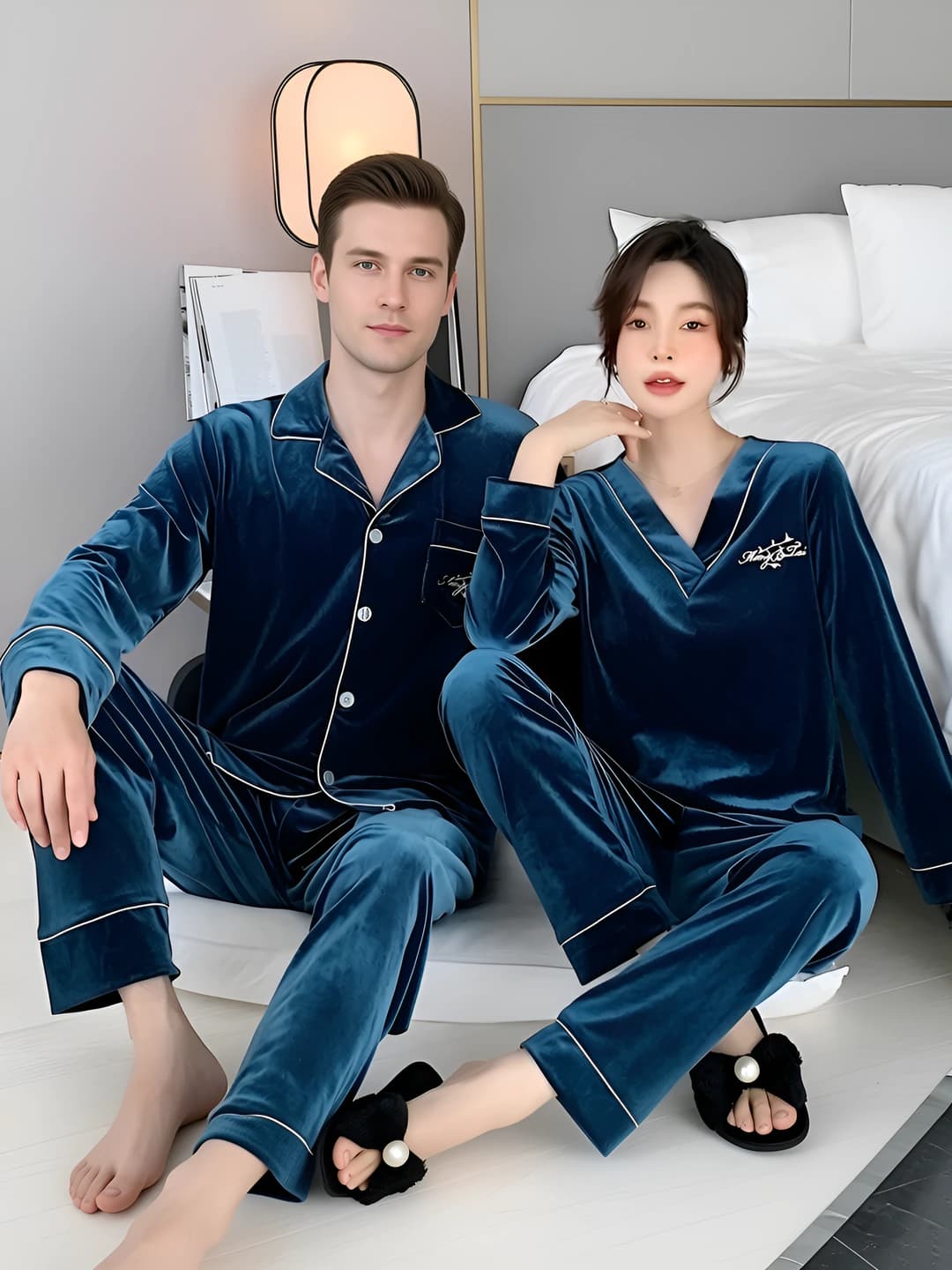 Ayollar uchun koral flis pijama to'plami, qalinlashtirilgan, V-yoqa, 9/10 yeng, uzun shim, kuz-qish mavsumi uchun issiq saqlaydigan uy kiyimi