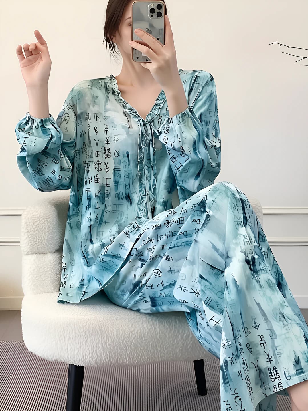 Women's spring-summer and autumn long sleeve pajama set, 100% viscose, V-neck, trousers, thin, breathable, plus size, Chinese style loungewear