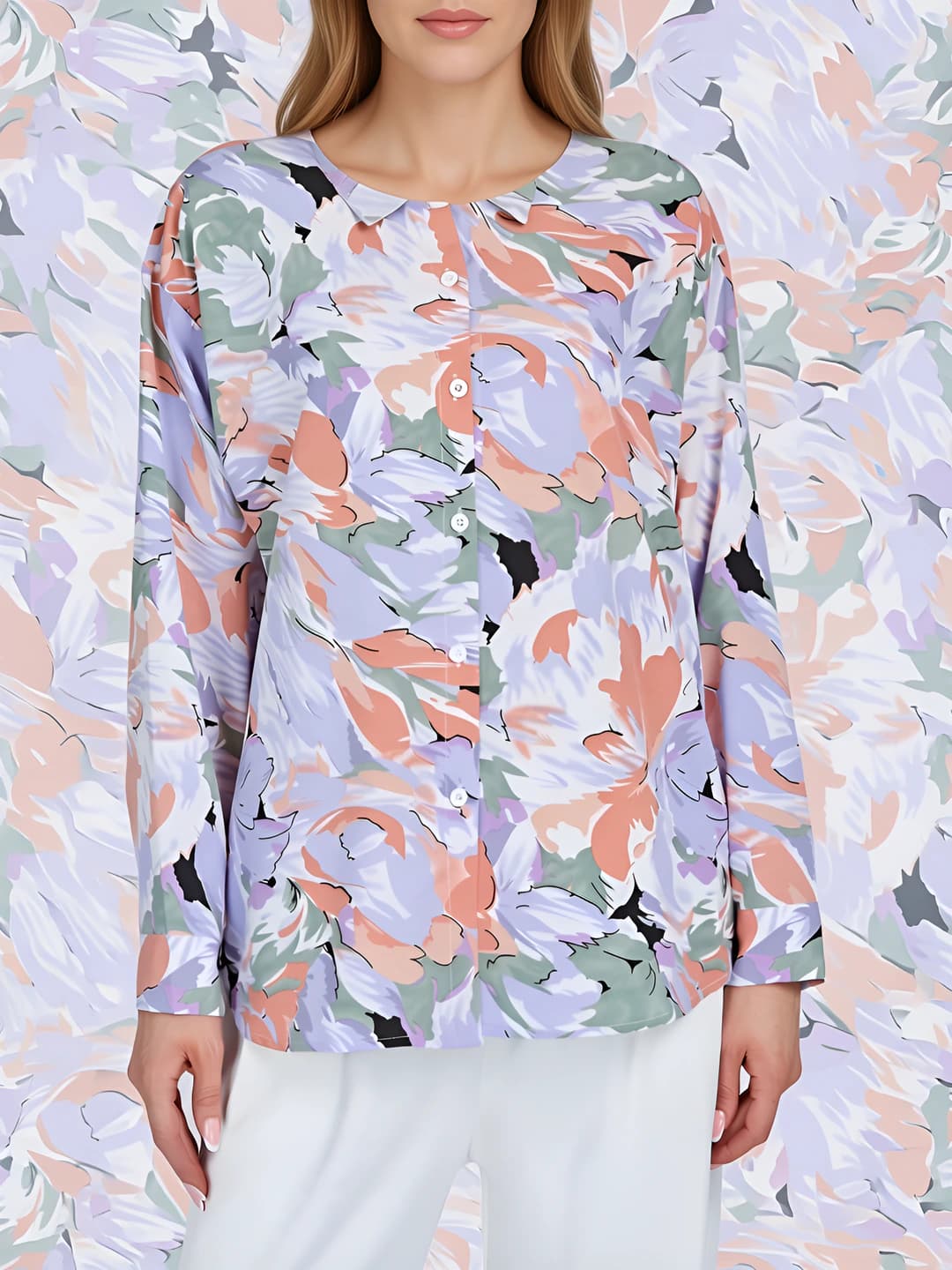 Women's long-sleeve printed blouse, loose fit, lapel collar, floral pattern, casual style