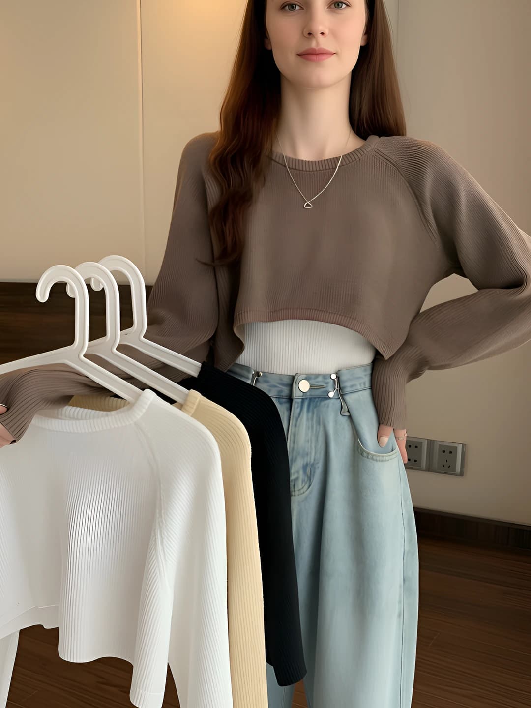 Women's knit pullover sweater, spring-autumn, 2026, long sleeve, black, loose fit, crew neck, cropped