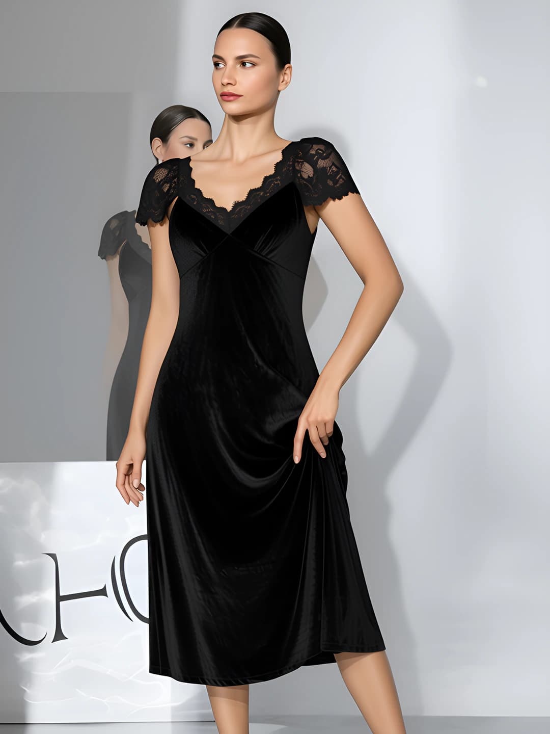 Women's retro lace short sleeve deep V neck long skirt casual nightgown, solid colour, winter, spring, autumn
