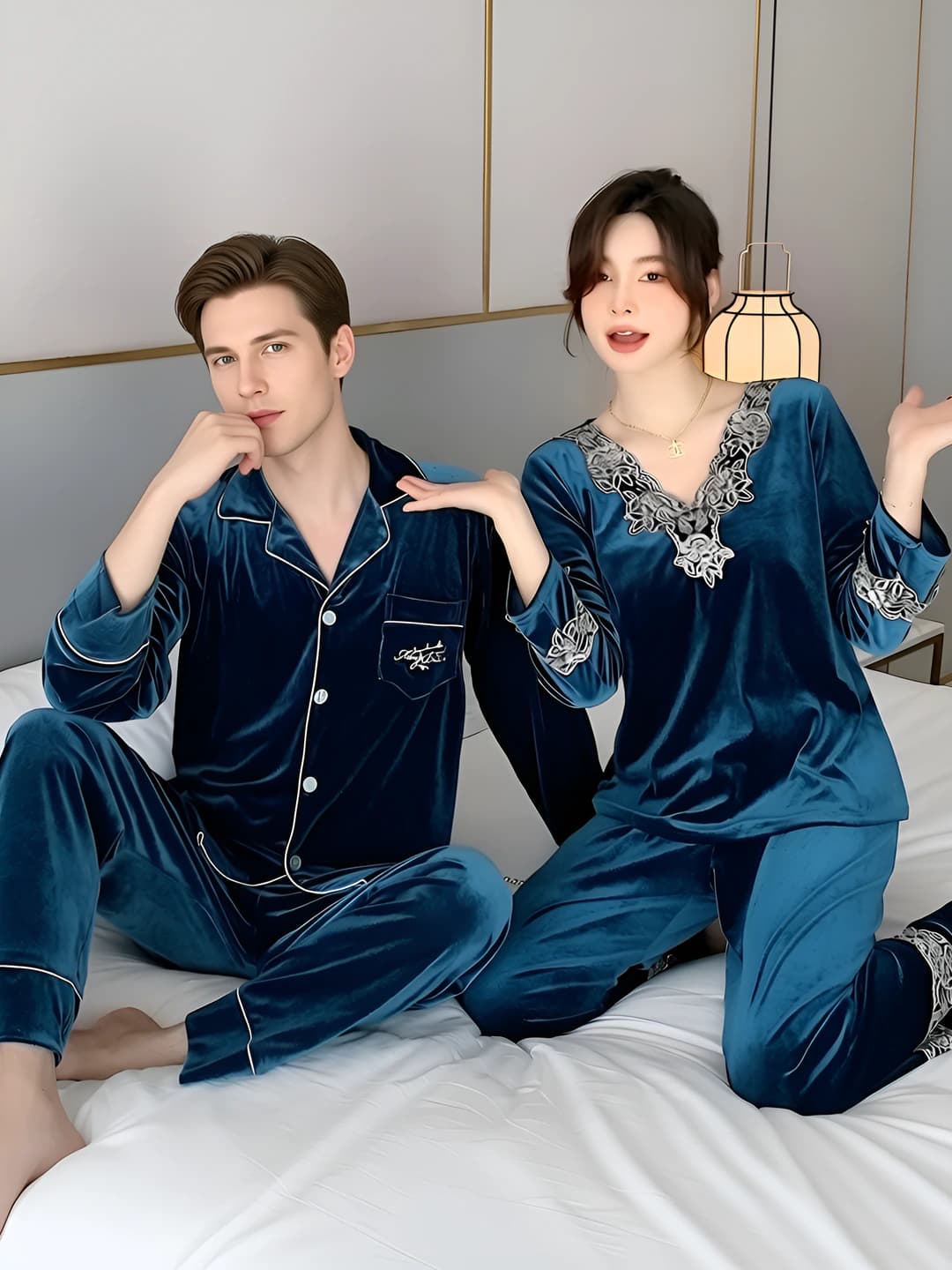 Couple's spring-autumn and autumn-winter thickened coral fleece and velvet pajama set, v-neck, long sleeve, trousers