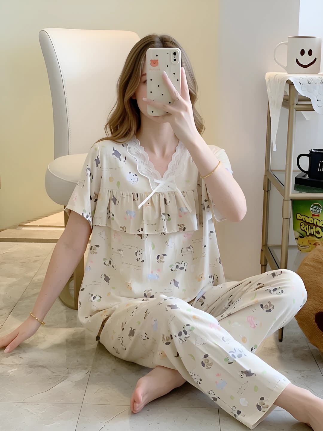 Ayollar uchun yozgi yupqa to'plam pijama, dumaloq yoqa, kalta yeng, uzun shim, 100% viskoza, karton uslub