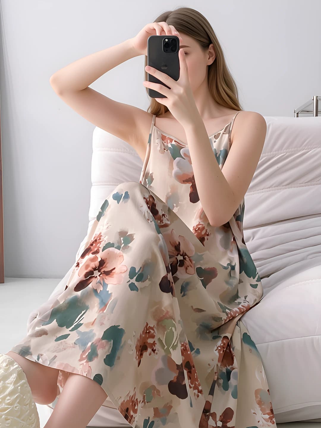 Women's summer nightgown, crew neck, sleeveless, long skirt, 100% viscose, breathable, loungewear