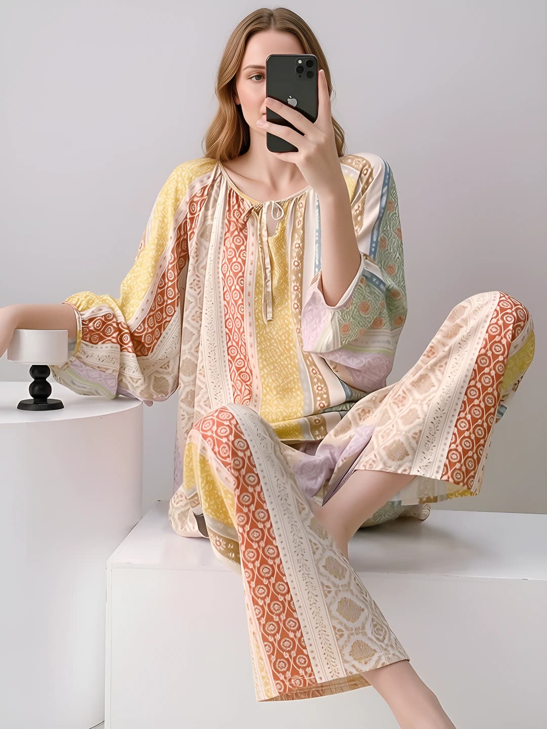 Ayollar uchun bahor-yozgi uzun yengli va uzun shimli pijama to'plami, 100% visko, yupqa, dumaloq yoqa, shirin uslub