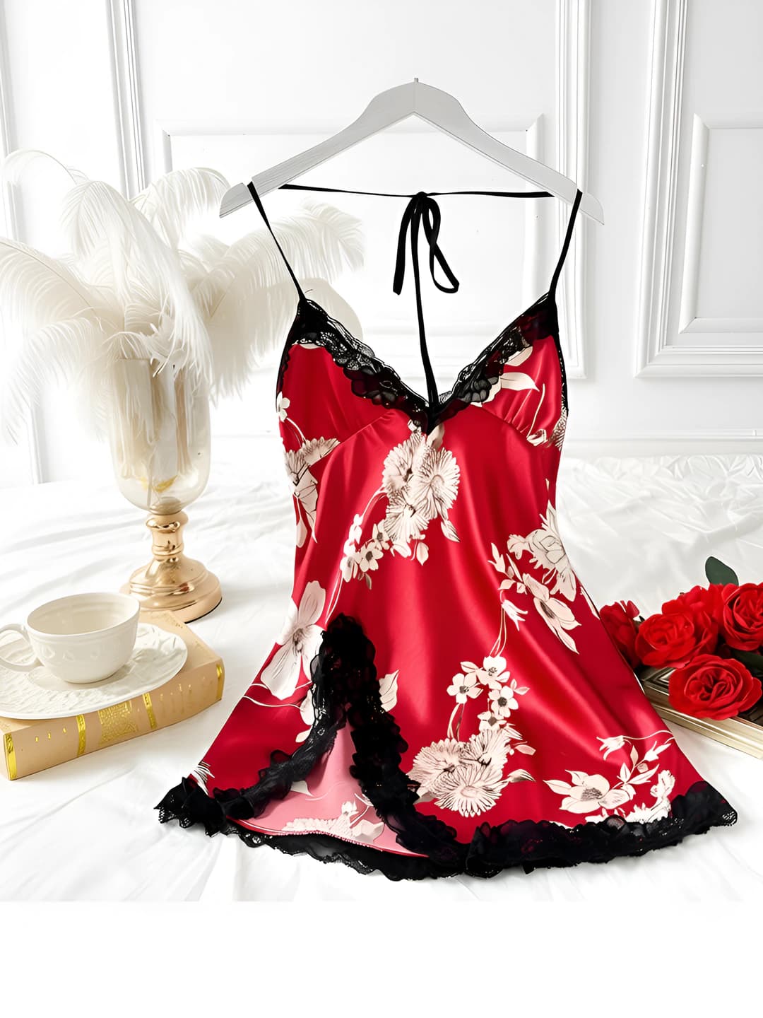 Women's ice-silk fabric nightgown, thin, breathable, sleeveless, V-neck, stretch, summer