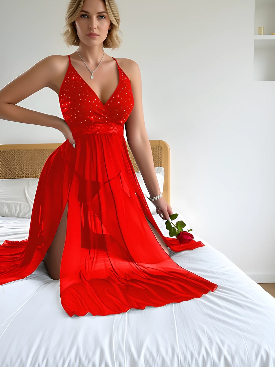 Women's long nightgown made of lace and mesh, deep V-neck, sleeveless, for summer, spring and autumn