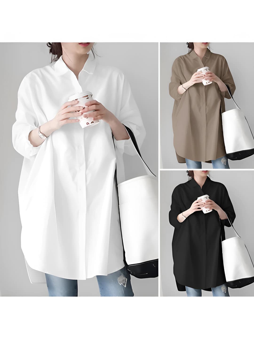 Women's spring-autumn long sleeve loose fit lapel collar solid colour mid-length casual blouse