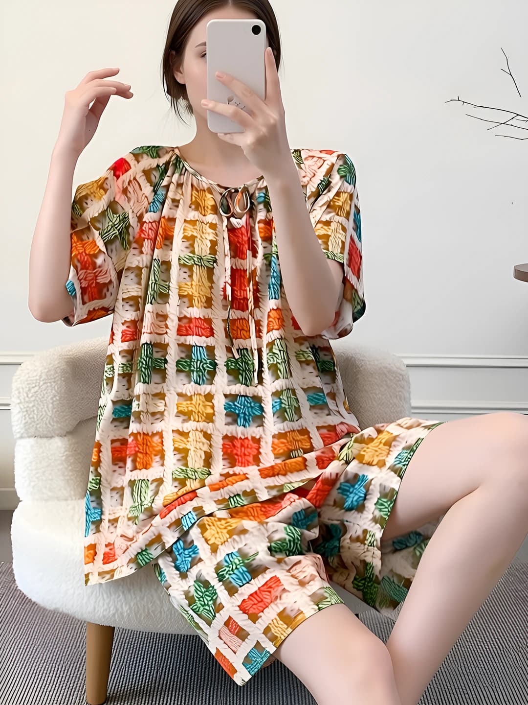 Ayollar uchun yozgi kalta yengli pijama to'plami, yupqa viskoz mato, dumaloq yoqa, shorti, havo o'tkazuvchan, uy kiyimi