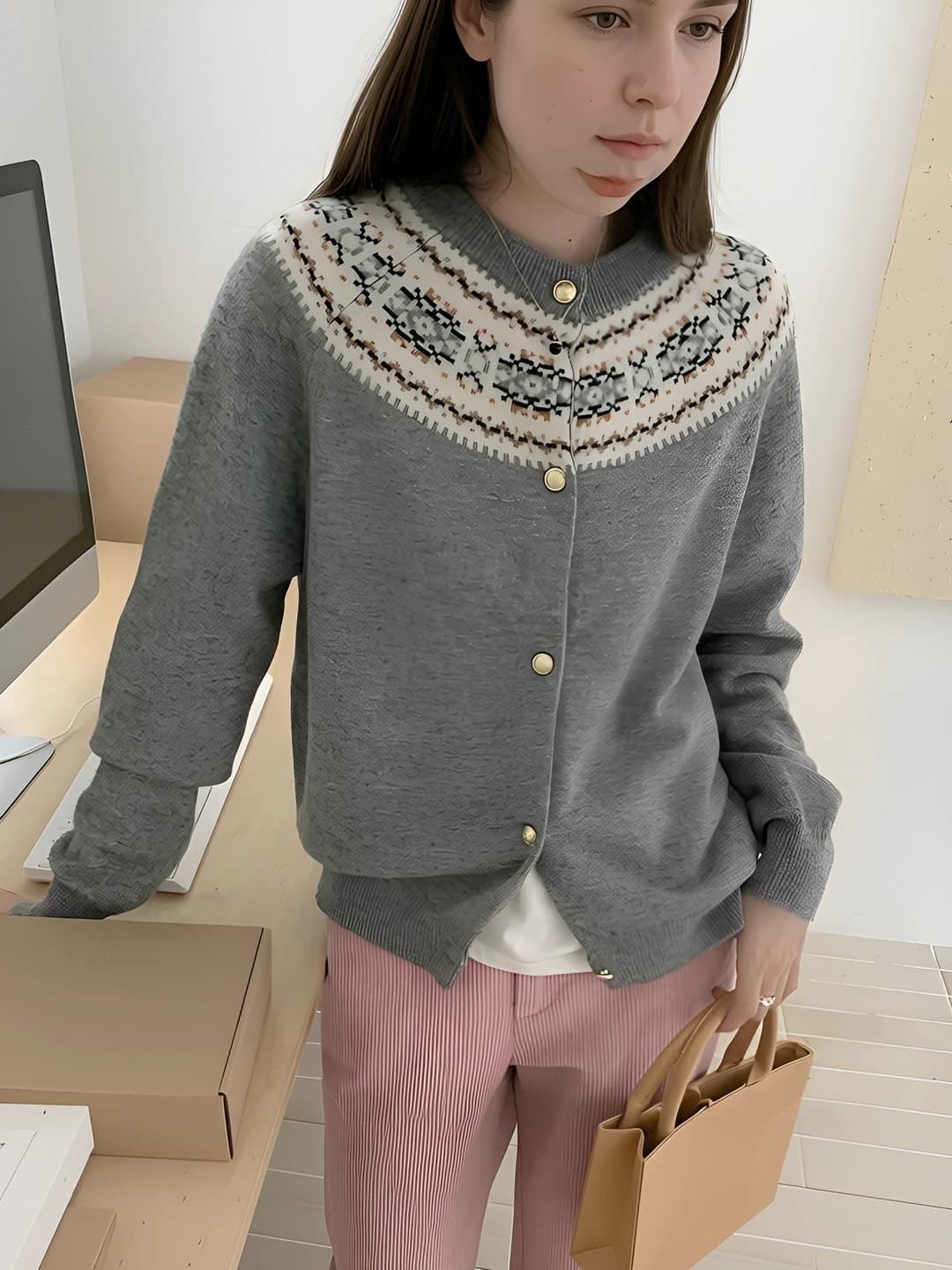 Women's 95% wool knit cardigan, crew neck, long sleeve, loose fit, autumn-winter