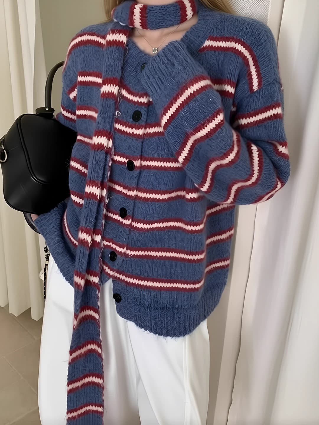 Women's knit cardigan: striped, crew neck, long sleeve, loose fit, wool blend, autumn-winter