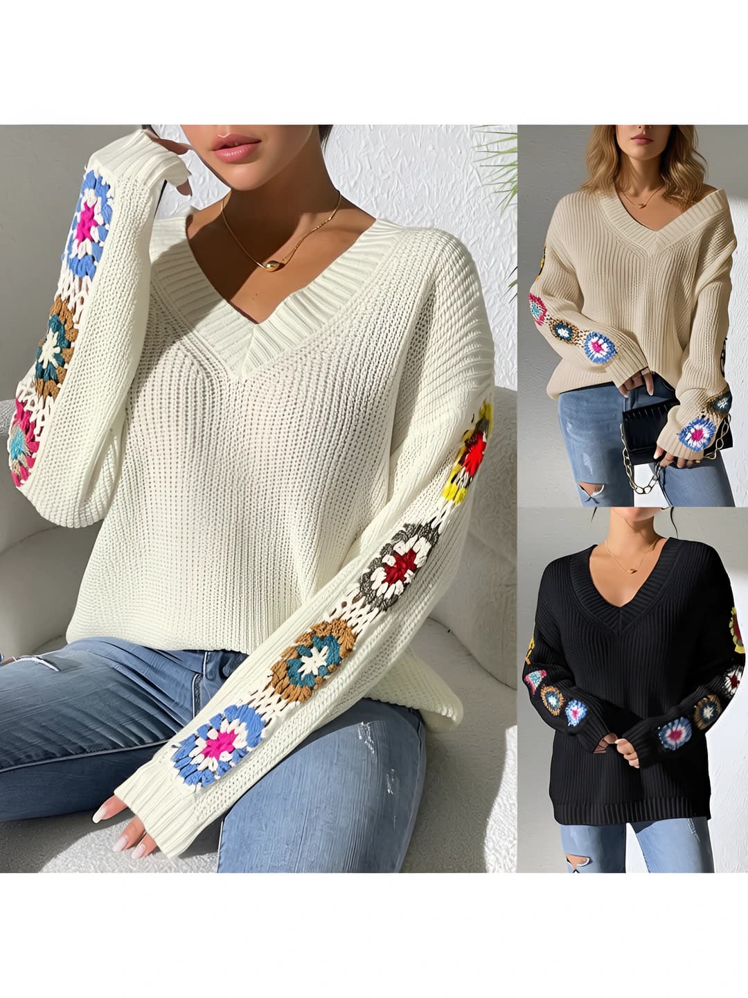 Ayollar uchun kuz-qish V-yoqa sviter, qo'lda tikilgan gullar bilan, bo'sh (oversize) kesim, uzun yeng, kundalik uslub
