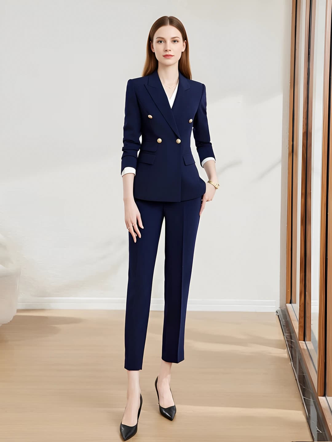 Women's business suit with trousers, polyester fabric, long sleeve, trousers