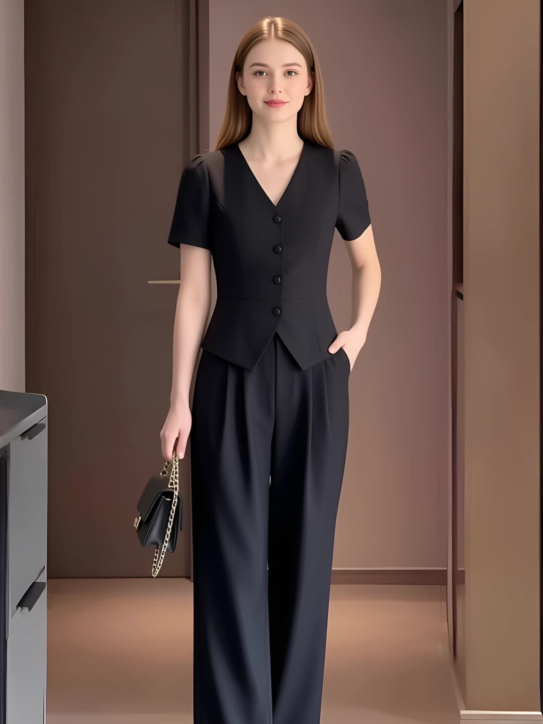 Women's Korean style set: V-neck blazer and high waist straight cut wide-leg trousers