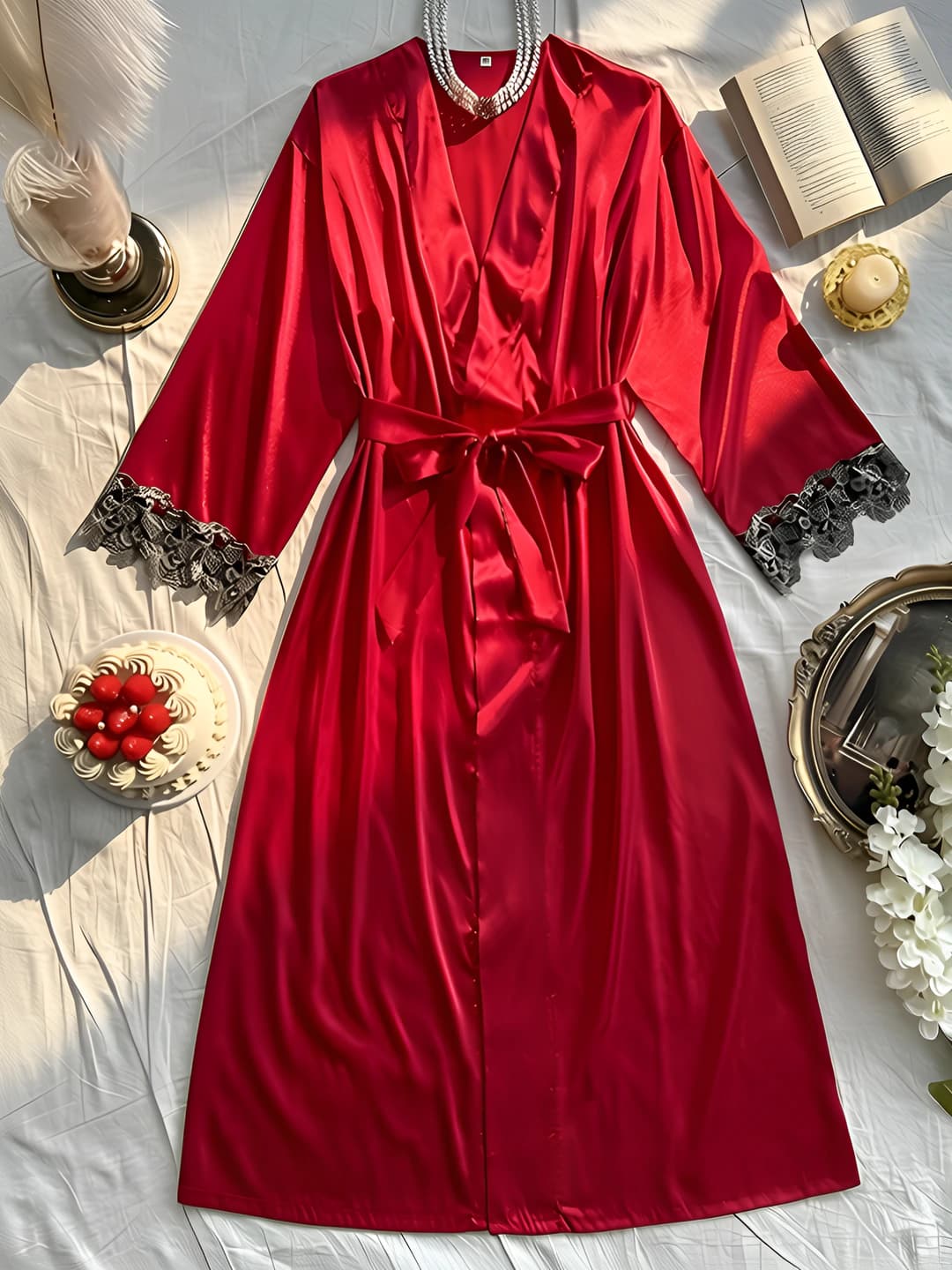 Women's summer sleeveless long house robe with V-neck, thin, breathable, stretch, 100% polyester (imitation silk)