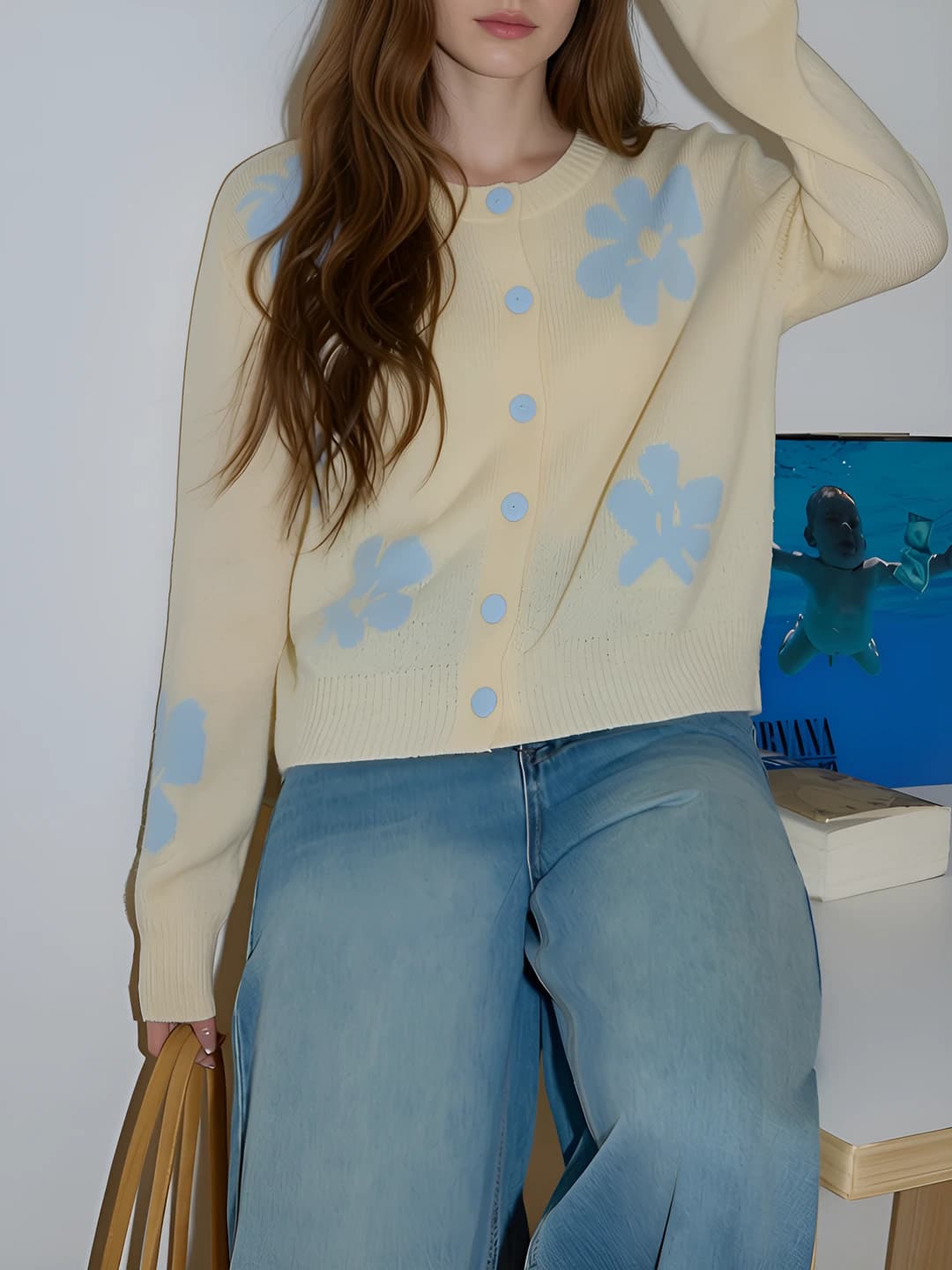 Women's 2026 spring-autumn cardigan, casual style, loose fit, crew neck, long sleeve, embroidered, made of mohair