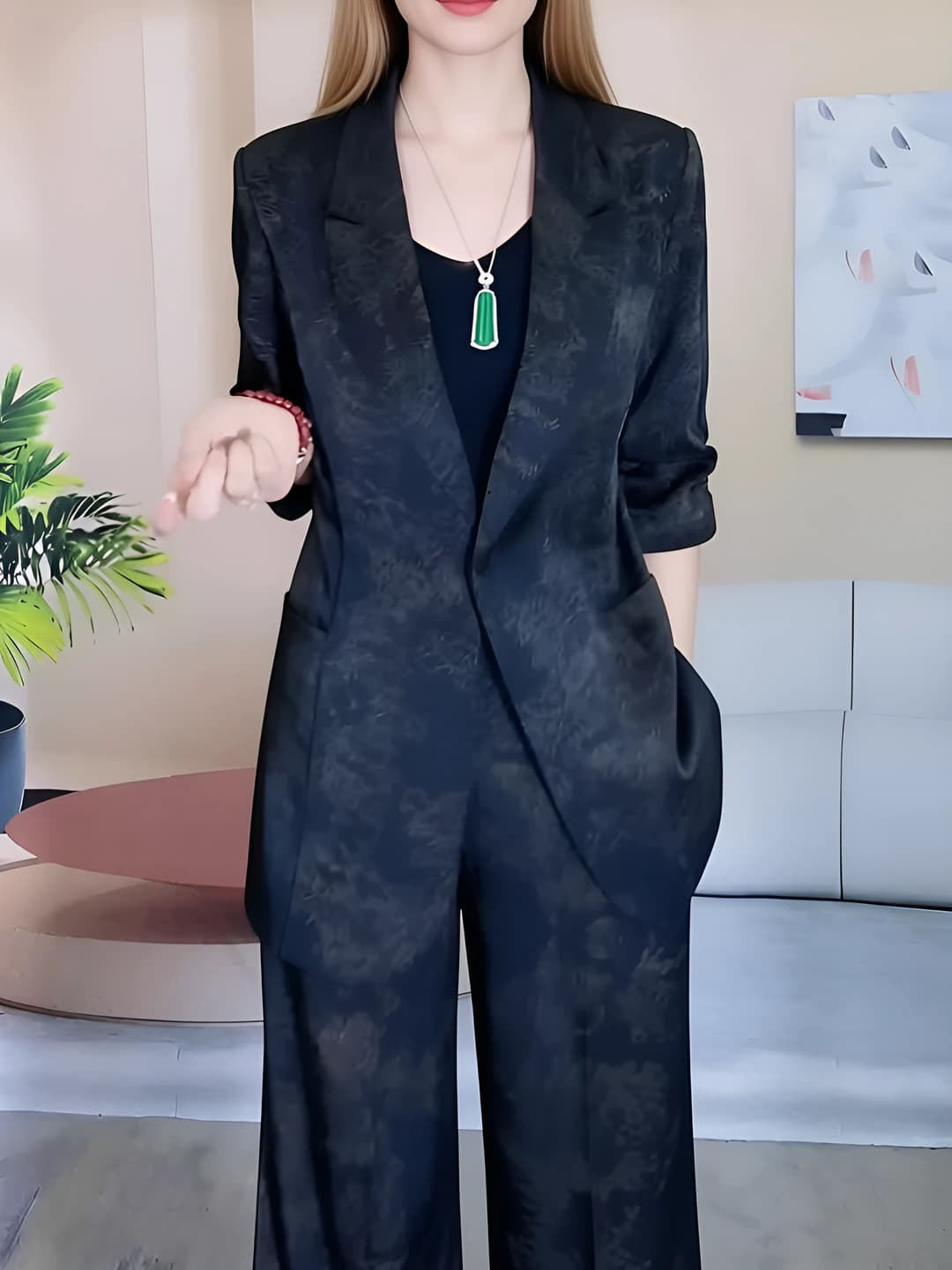 Women's summer printed casual suit set with trousers: long sleeve two-piece set