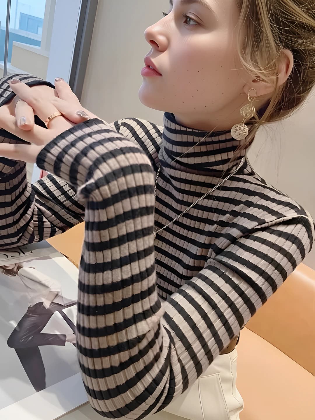 Women's striped high neck long sleeve slim fit long-sleeve base top, autumn-winter