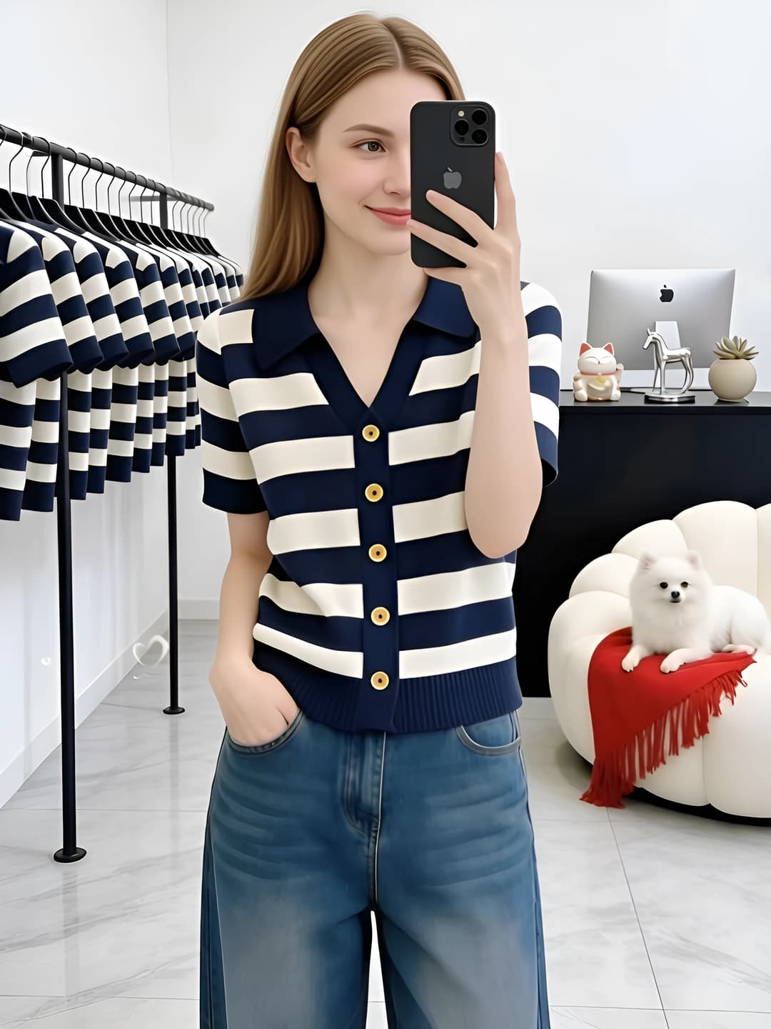 Women's summer thin striped knit cardigan with lapel collar, loose fit, short sleeve