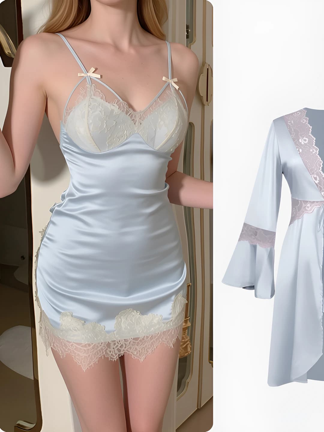 Women's lace nightgown and robe set, ice-silk fabric, V-neck, thin, all-season