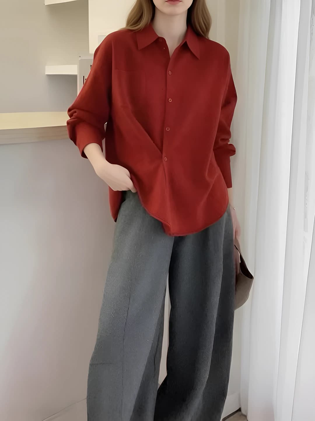 Ayollar uchun kuzgi junli kardigan, POLO yoqa, qaytarma yoqa, uzun yeng, bo'sh (oversize) kesim, kundalik uslub