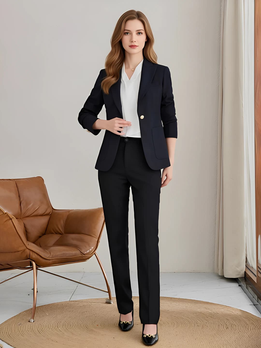 Women's professional suit set with blazer and trousers for spring-autumn, long sleeve, polyester and spandex fabric