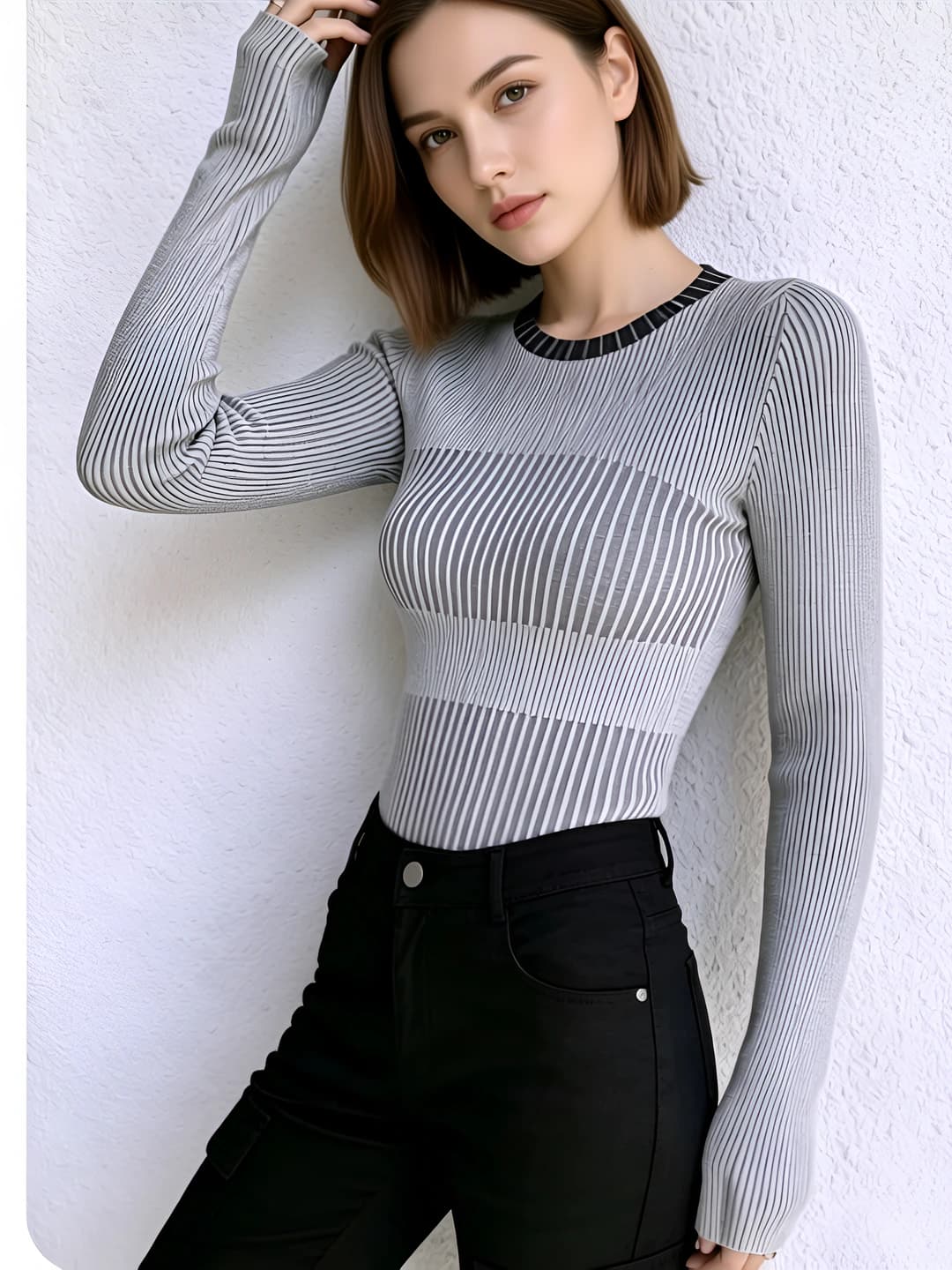 Women's cashmere knit top, autumn-winter, slim fit, crew neck, long sleeve, striped design