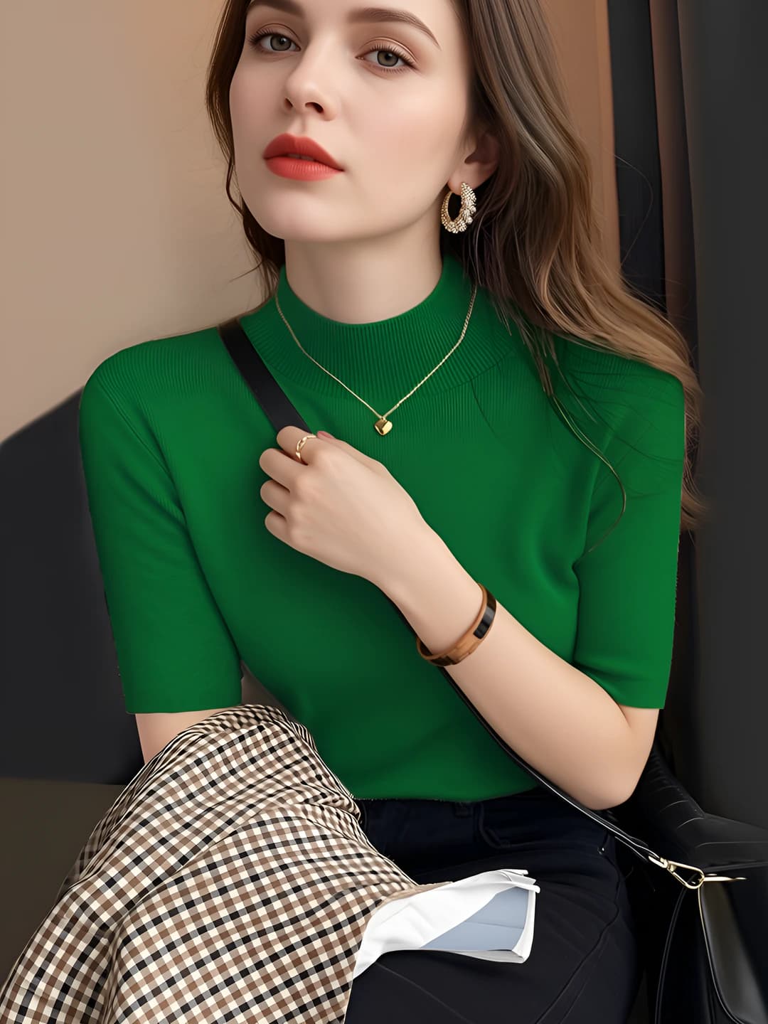 Women's turtleneck, 2026 spring-autumn, green, mock neck, knitted, slim fit, thin, elbow-length sleeve, solid colour