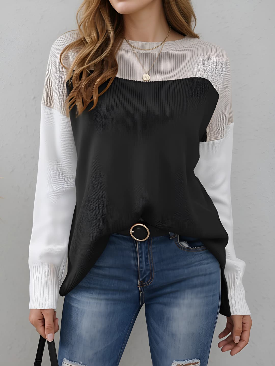 Women's autumn-winter knit sweater: loose fit, crew neck, long sleeve, mid-length, polyester, design element: design element