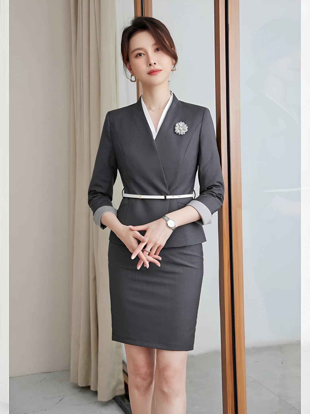 Grey suit, pants, and skirt