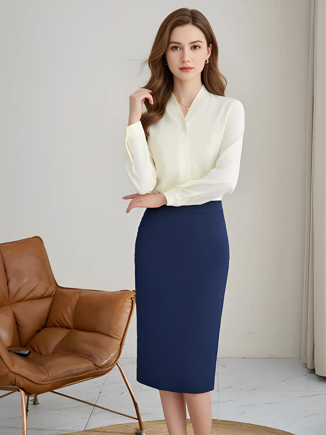 Women's white V-neck blouse, long sleeve, spring-autumn