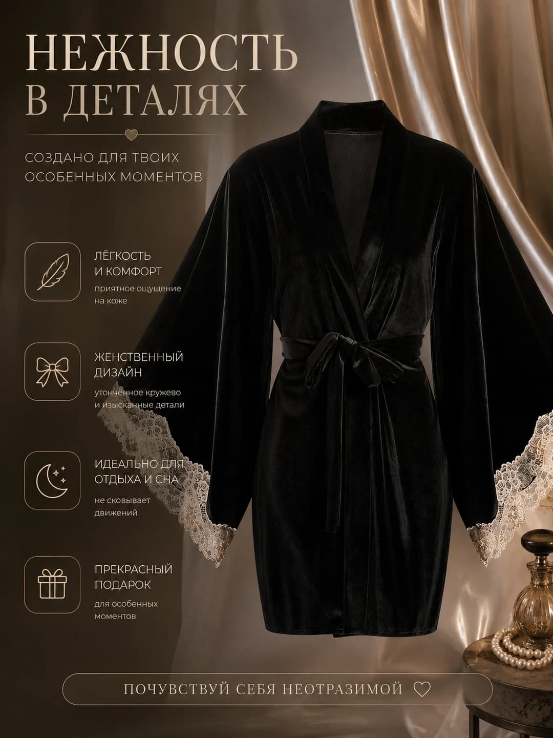 Women's house robe: ice-silk fabric, set, collarless, breathable, stretch, all-season, mini length, exclusive