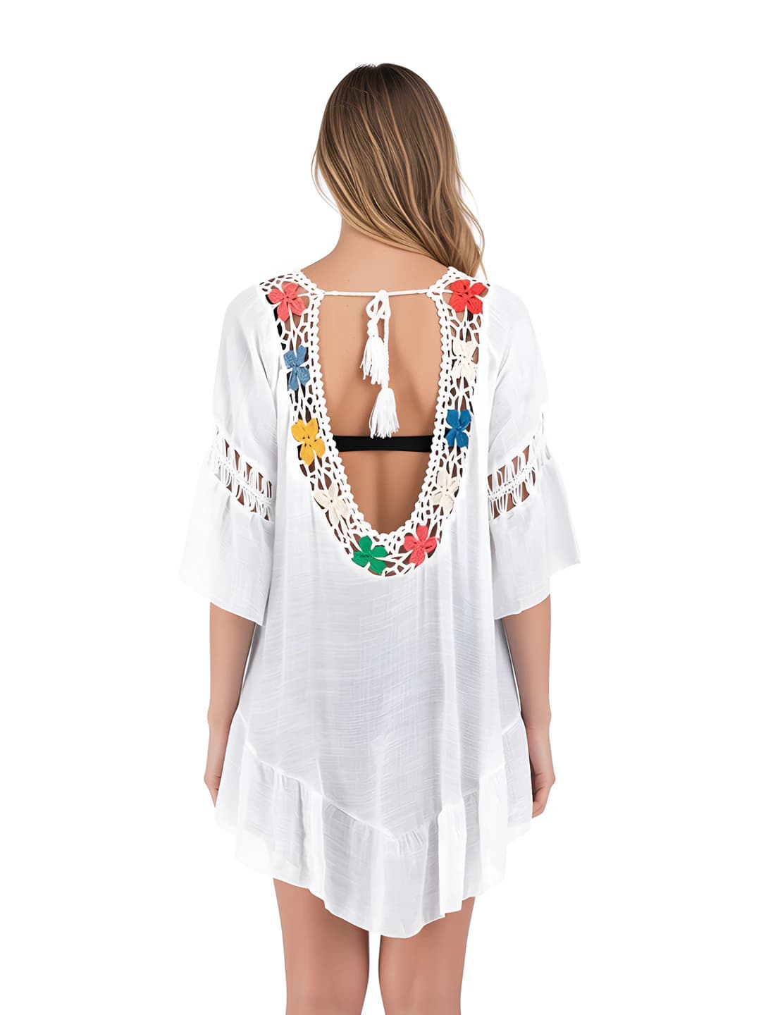 Women's beach dresses and tunics: sexy open back, hand-embroidered flowers, sun-protective bikini cover-up tunic