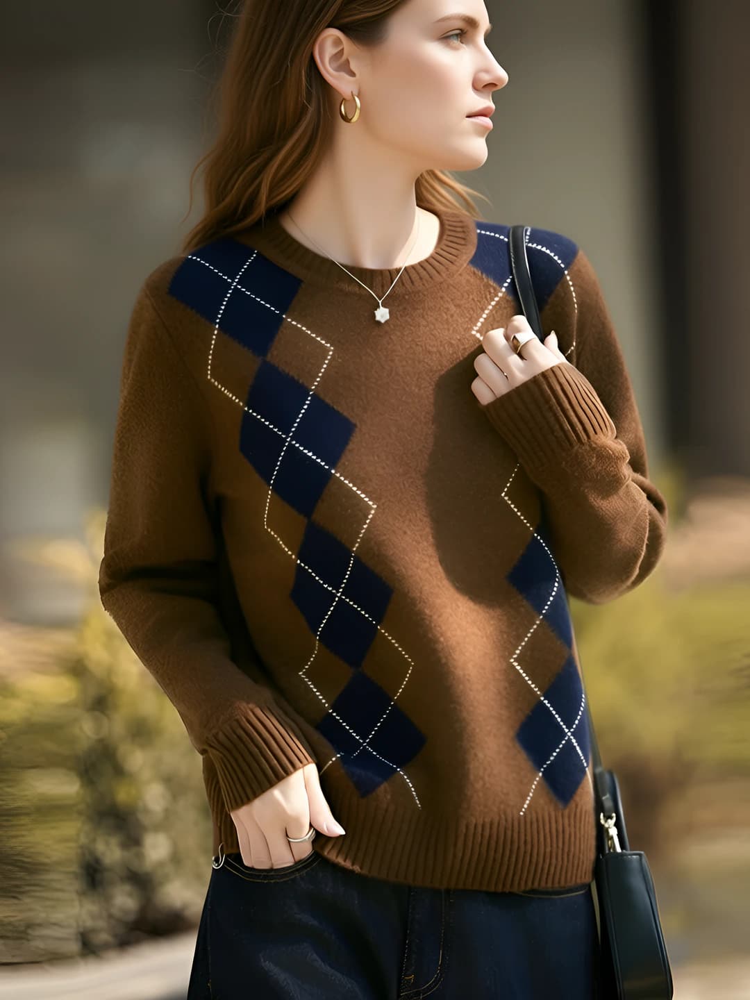 Women's crew neck sweater, 100% wool, thickened, loose fit, autumn-winter, casual style