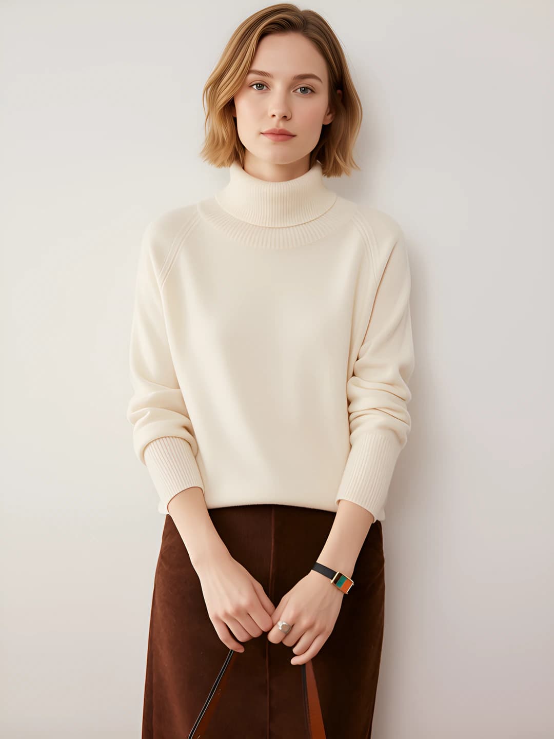 Women's autumn-winter cashmere and wool thickened high neck sweater, solid colour, loose fit, long sleeve, for autumn-winter season