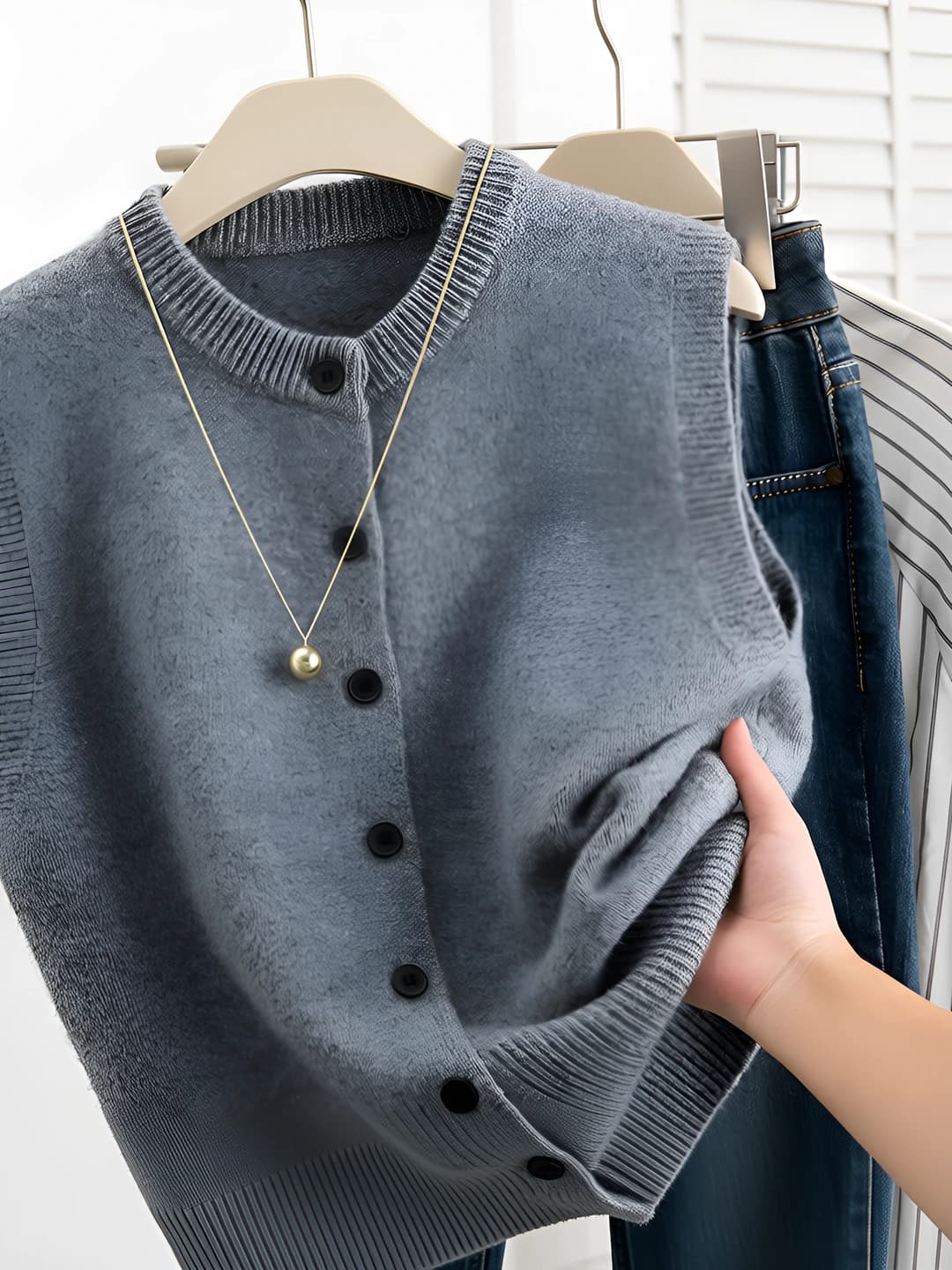 Women's wool cardigan vest, autumn-winter 2026, crew neck, sleeveless, loose fit, solid colour, casual style