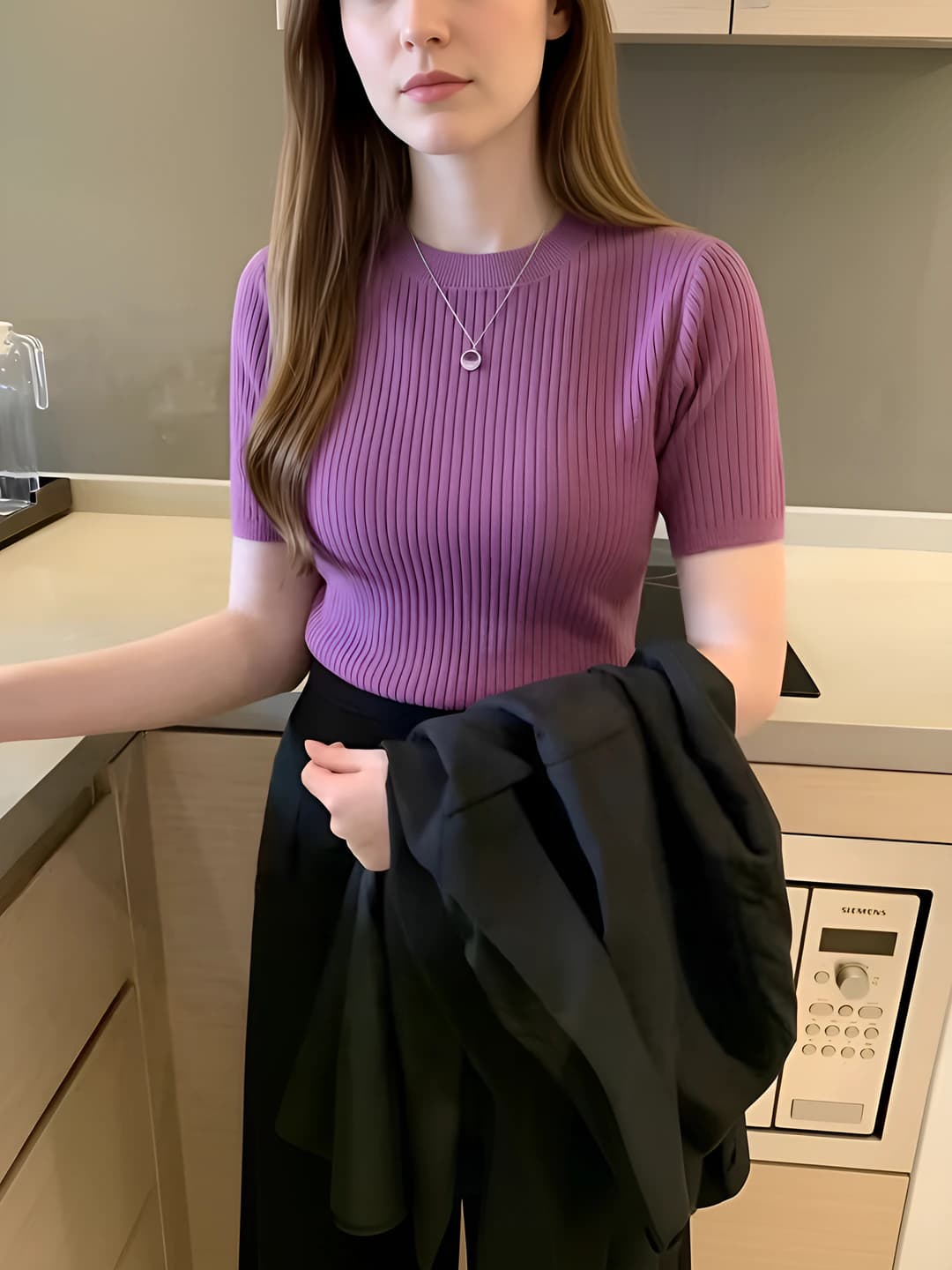 Women's 2026 summer knit top, short sleeve, crew neck, slim fit, cropped, pullover