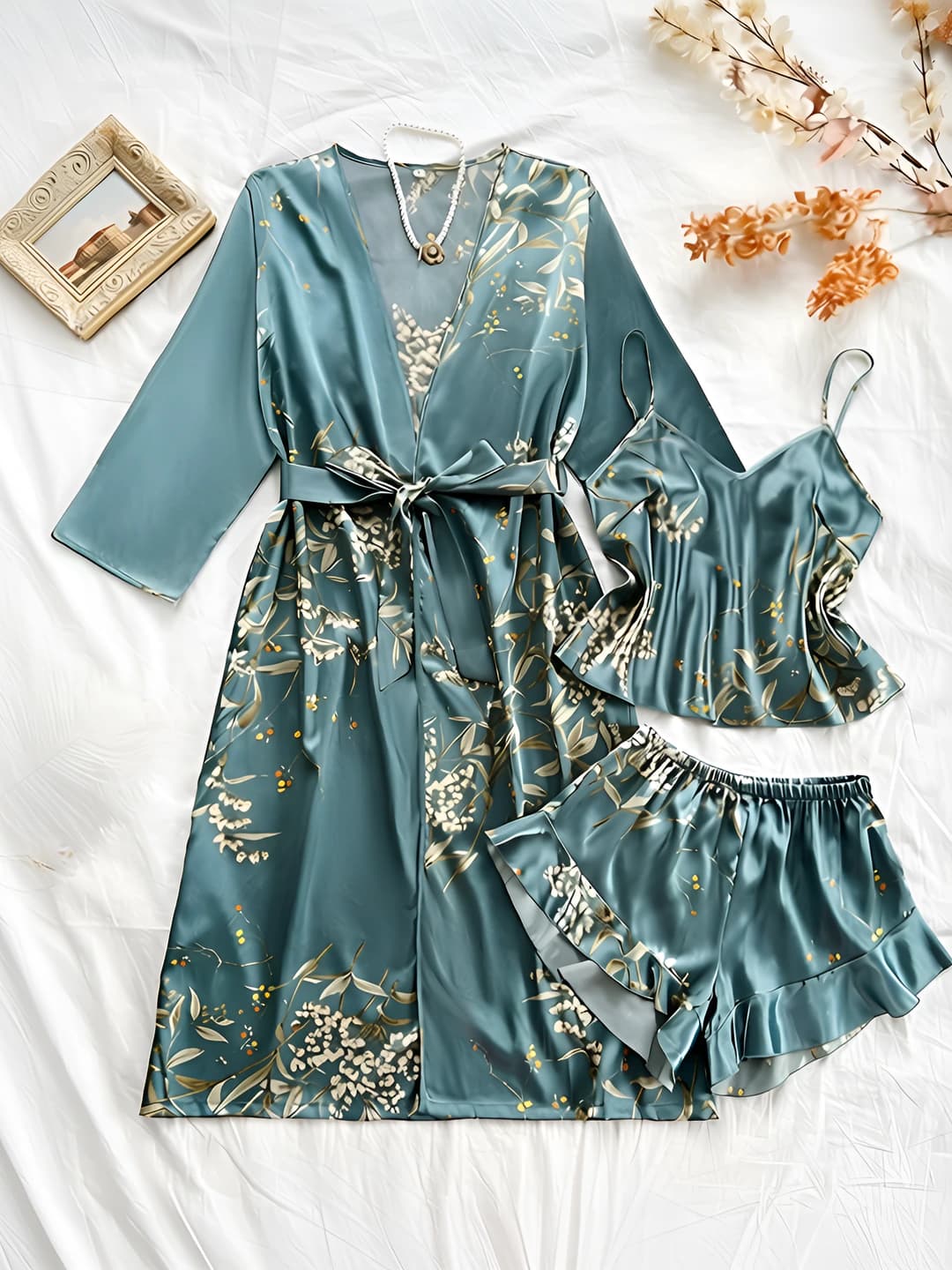 Women's satin pajama set (robe, camisole, shorts): spring-summer, thin, printed, long sleeve, V-neck, casual loungewear