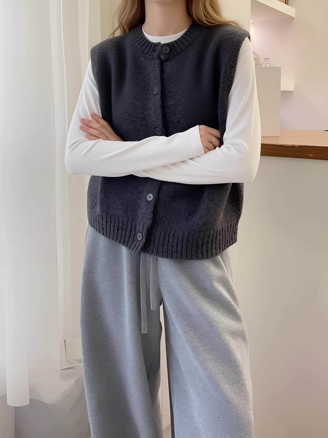 Women's knit cardigan vest, sleeveless, crew neck, wool, 3D pattern, Korean style, casual