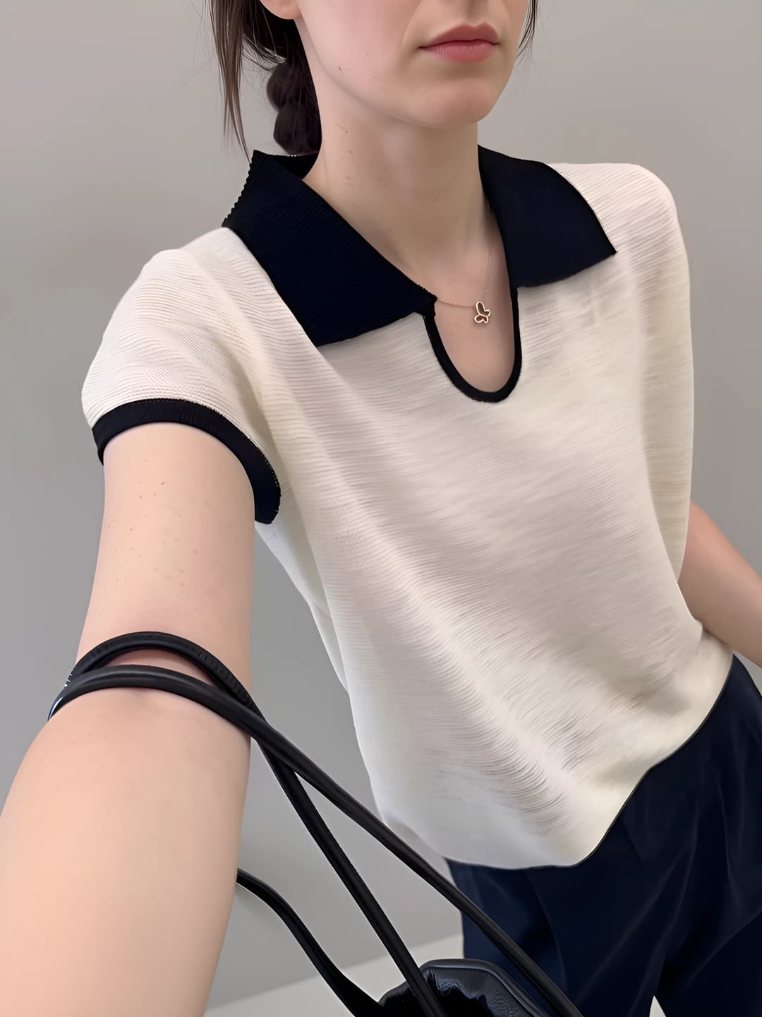 Women's knitted top with polo collar, color-block design, short sleeves, loose fit for petite, summer 2026
