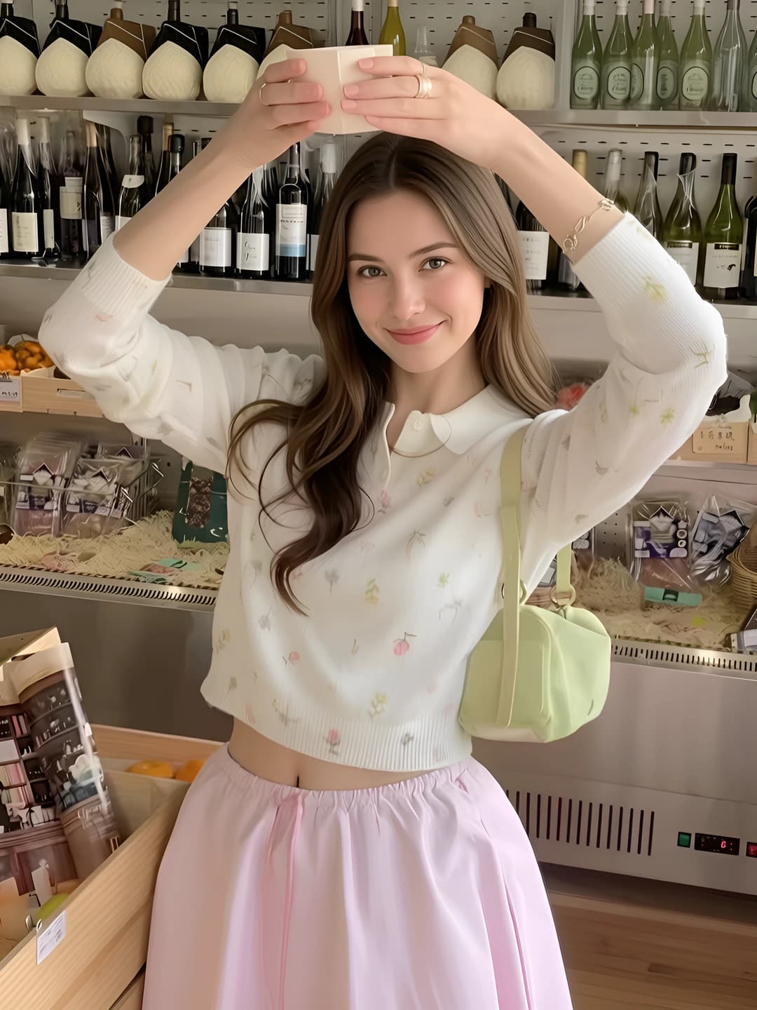 Women's thin mohair sweater for early spring 2026, crew neck, long sleeve, plant pattern, cropped, korean style, pullover
