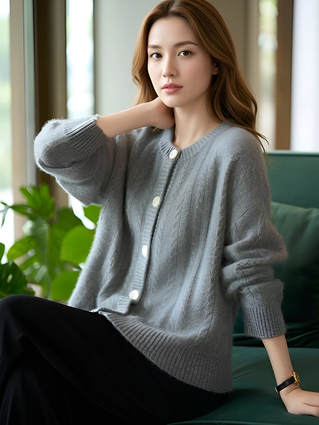 Women's thickened 100% wool knit cardigan for autumn-winter, crew neck, loose fit, long sleeve, solid colour, casual style