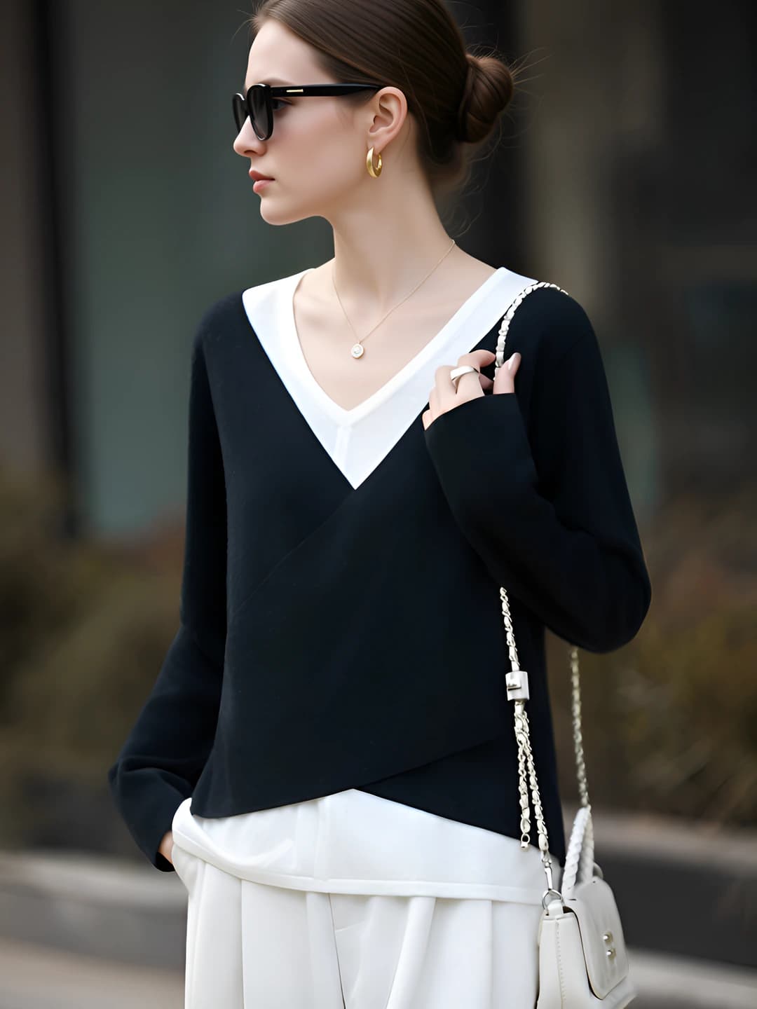 Women's V-neck knit pullover sweater, wool, solid colour, loose fit, long sleeve, casual style, autumn-winter