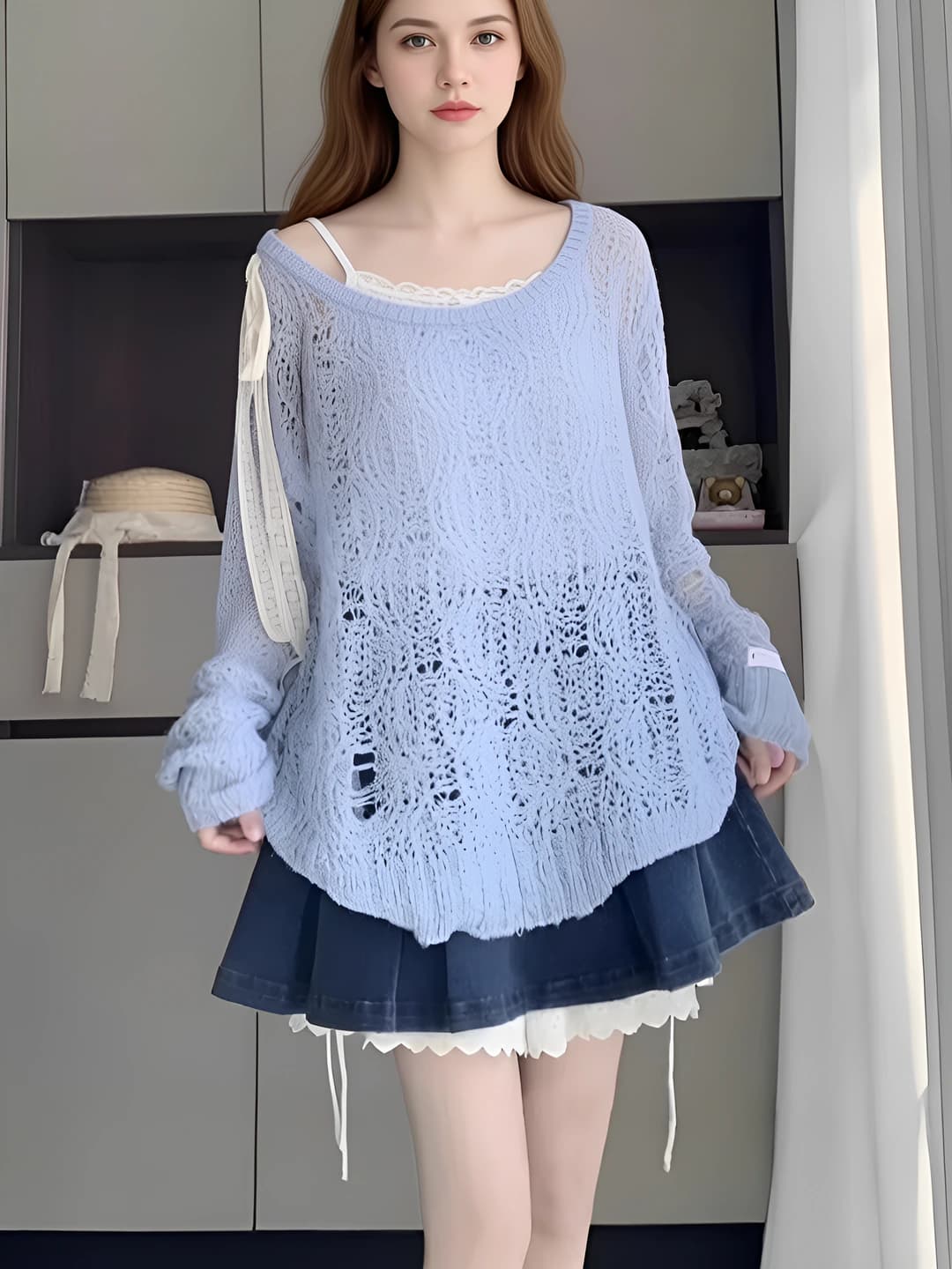 Ayollar uchun bahor-yoz uchun yupqa, quyoshdan himoyalovchi, nozik ko'rsatadigan bo'sh (oversize) dumaloq yoqa uzun yengli trikotaj sviter