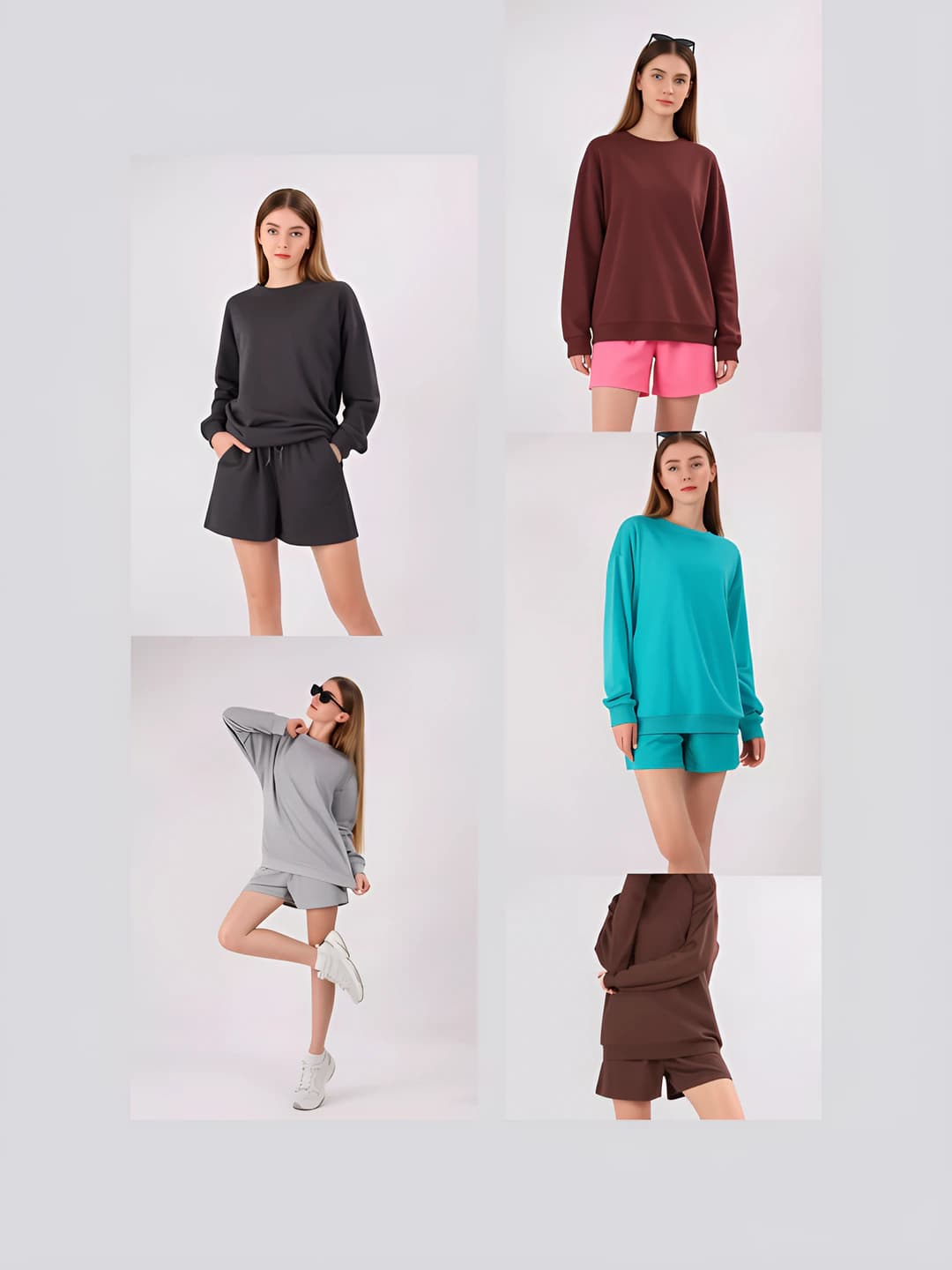 Women's casual sports set: long sleeve sweatshirt and knee-length shorts, solid colour, 80-90% polyester