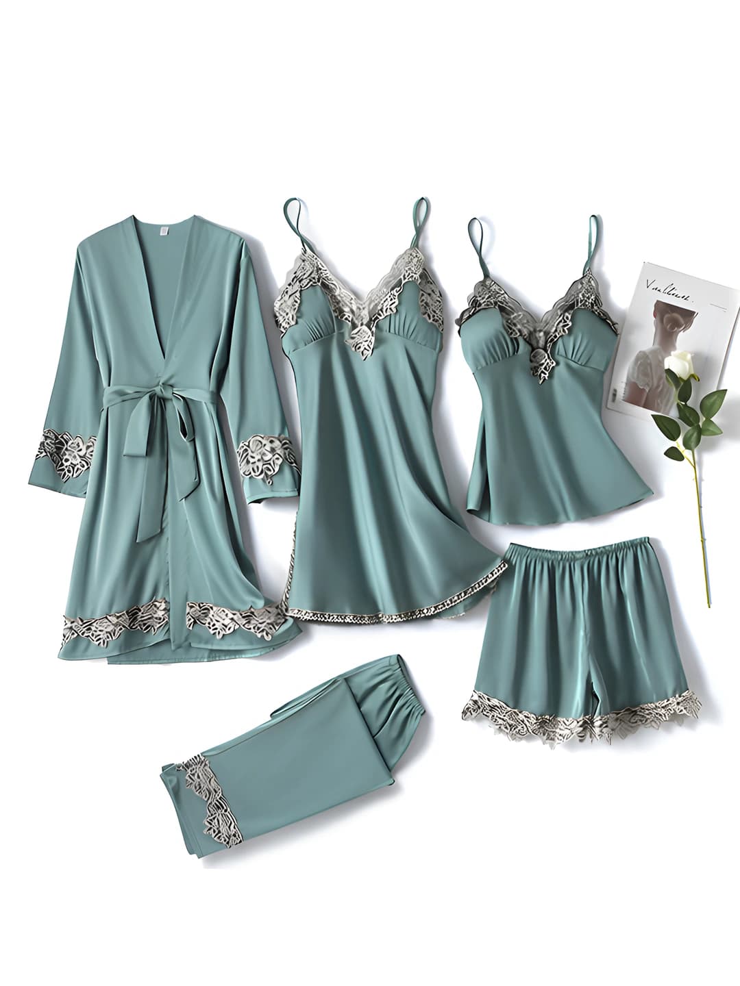 Satin silk 5pc set - light blue lace