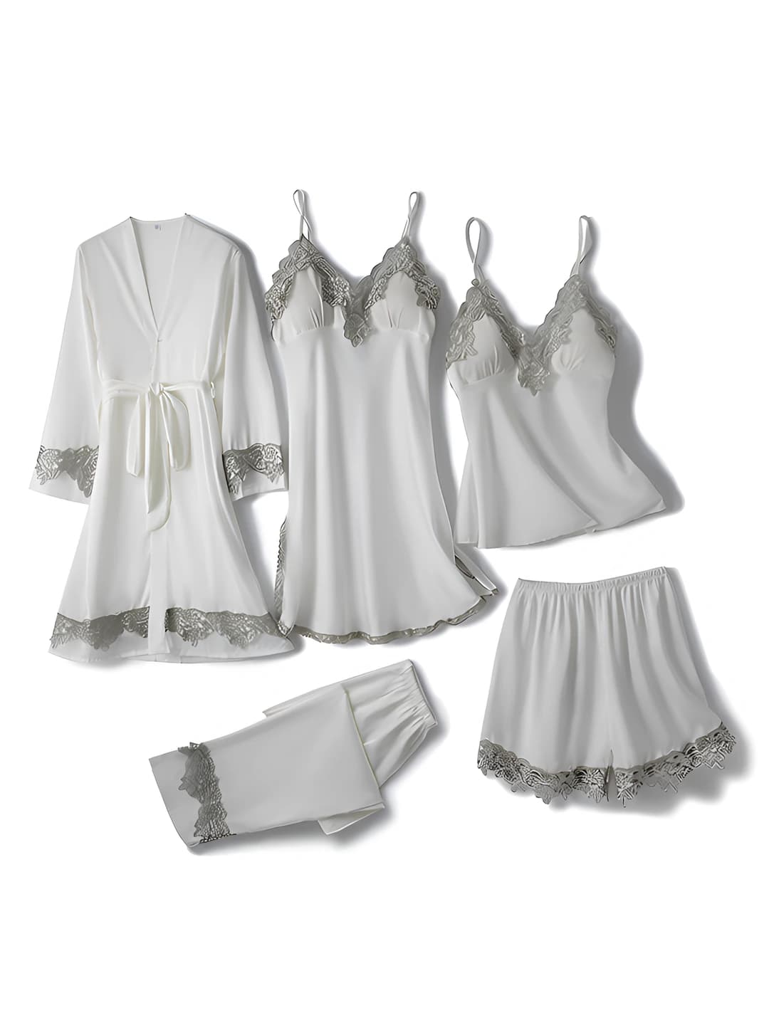 Satin silk 5pc set - pearl white lace