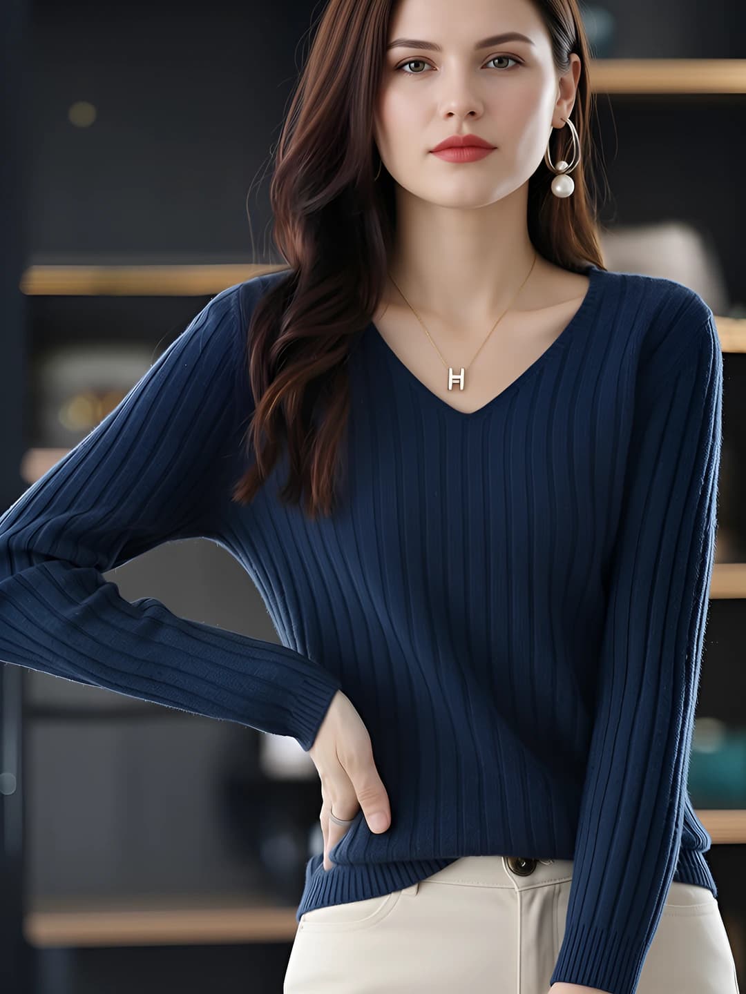 Ayollar uchun V-yoqa uzun yengli trikotaj sviter, koreys uslubida, bo'sh (oversize) va nozik ko'rsatadigan, kuz-qish uchun